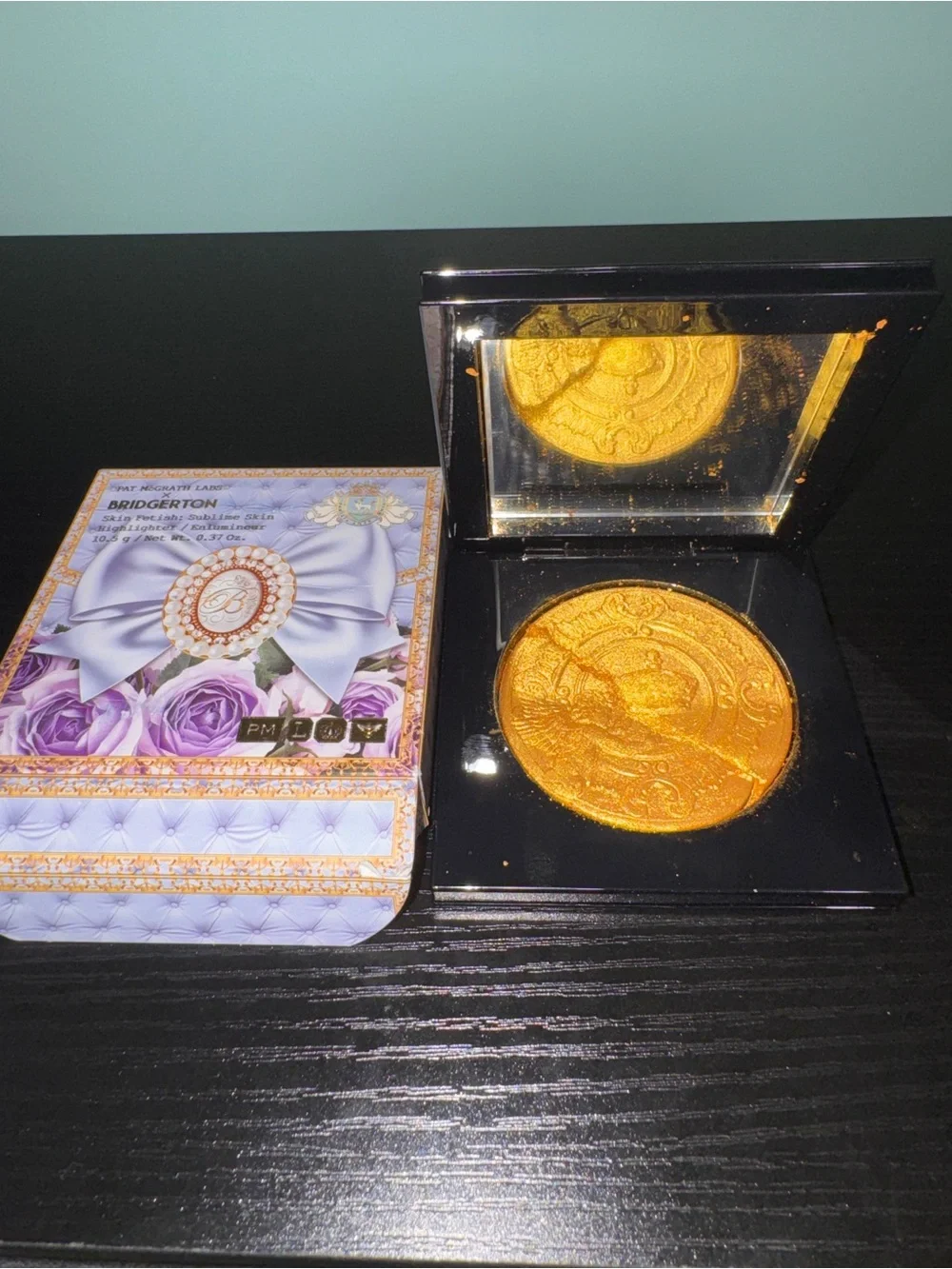 Pat McGrath Labs Bridgerton Collab Gold Face Powder Compact with Decorative Box